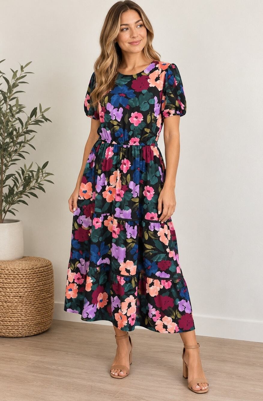 Clover And Sloane Floral Midi Dress Size 12 Tiered Puff Sleeve Smocked Boho New